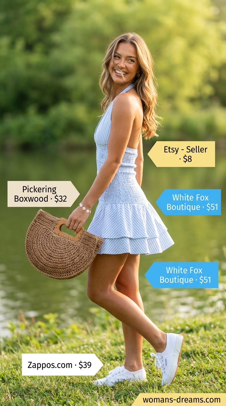 OOTD outfit inspo summer for women 2026: Playful lakeside picnic dress with sky blue babydoll, white sneakers, and straw tote.