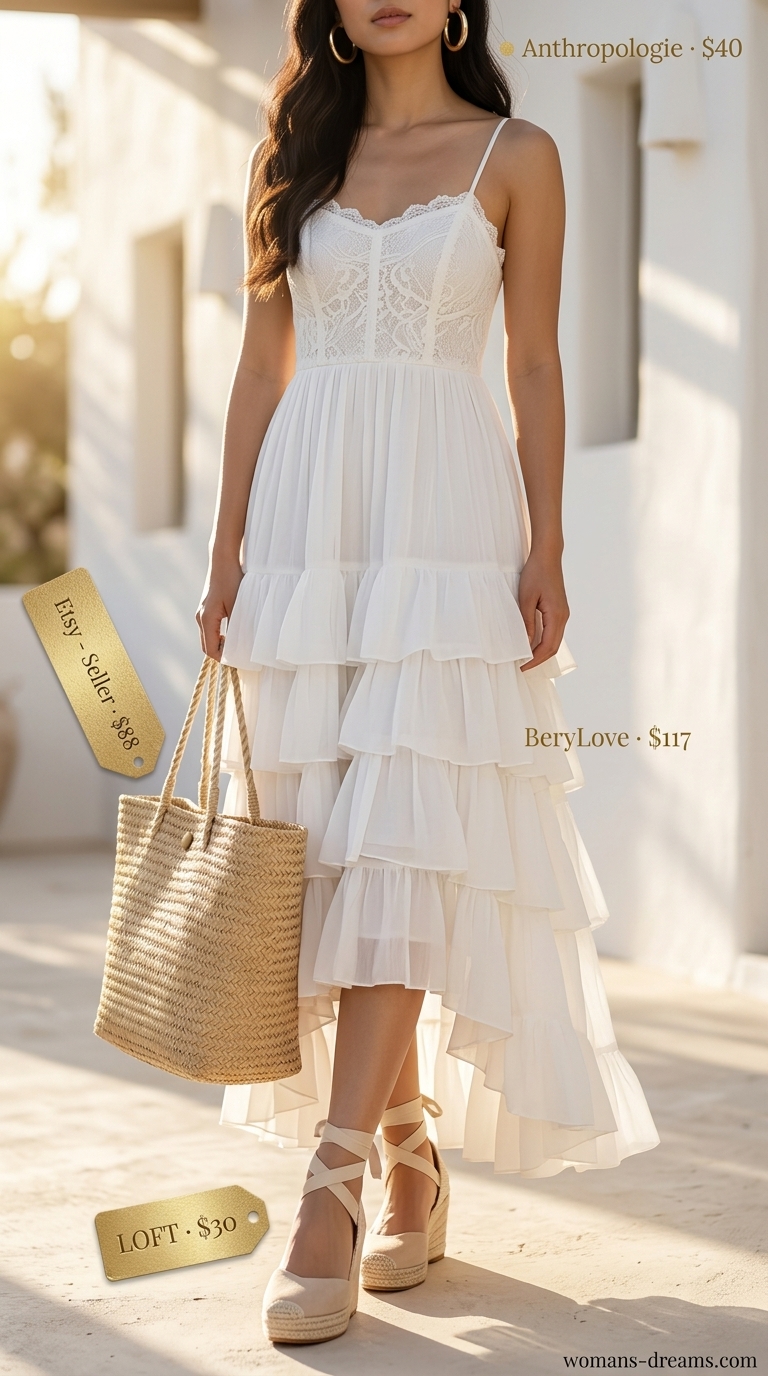 OOTD outfit inspo summer for women 2026: White flowy maxi dress, straw tote, espadrilles, gold hoops for Mediterranean mornings.
