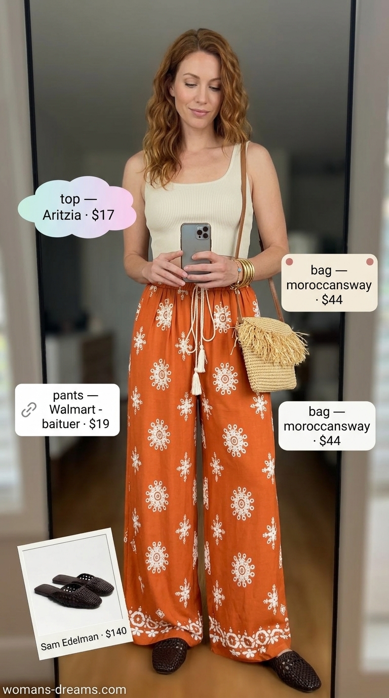 OOTD outfit inspo summer for women 2026: Adventurous Moroccan souk stroll with deep orange palazzo pants and cream knit top.