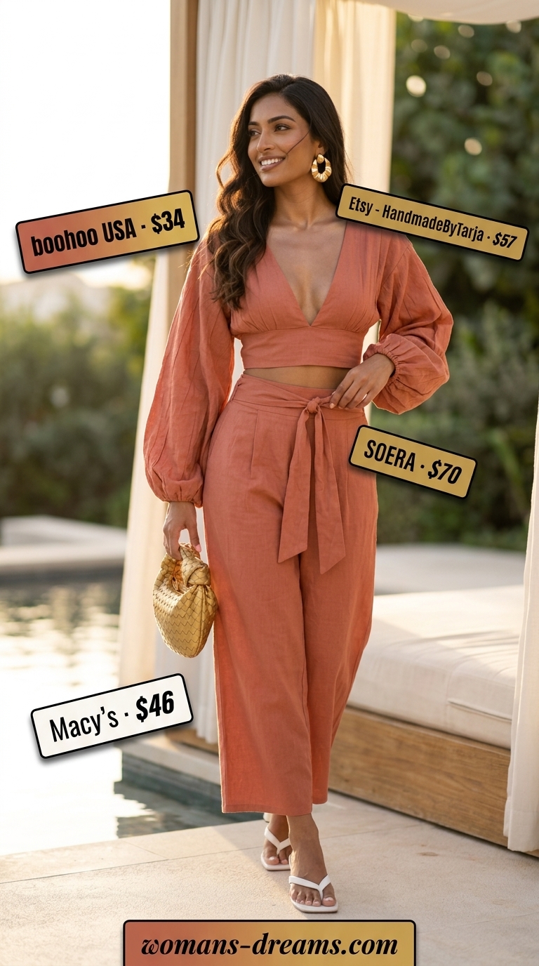 OOTD outfit inspo summer for women 2026: Terracotta linen matching set, ivory slides, gold statement earrings for resort lounge.