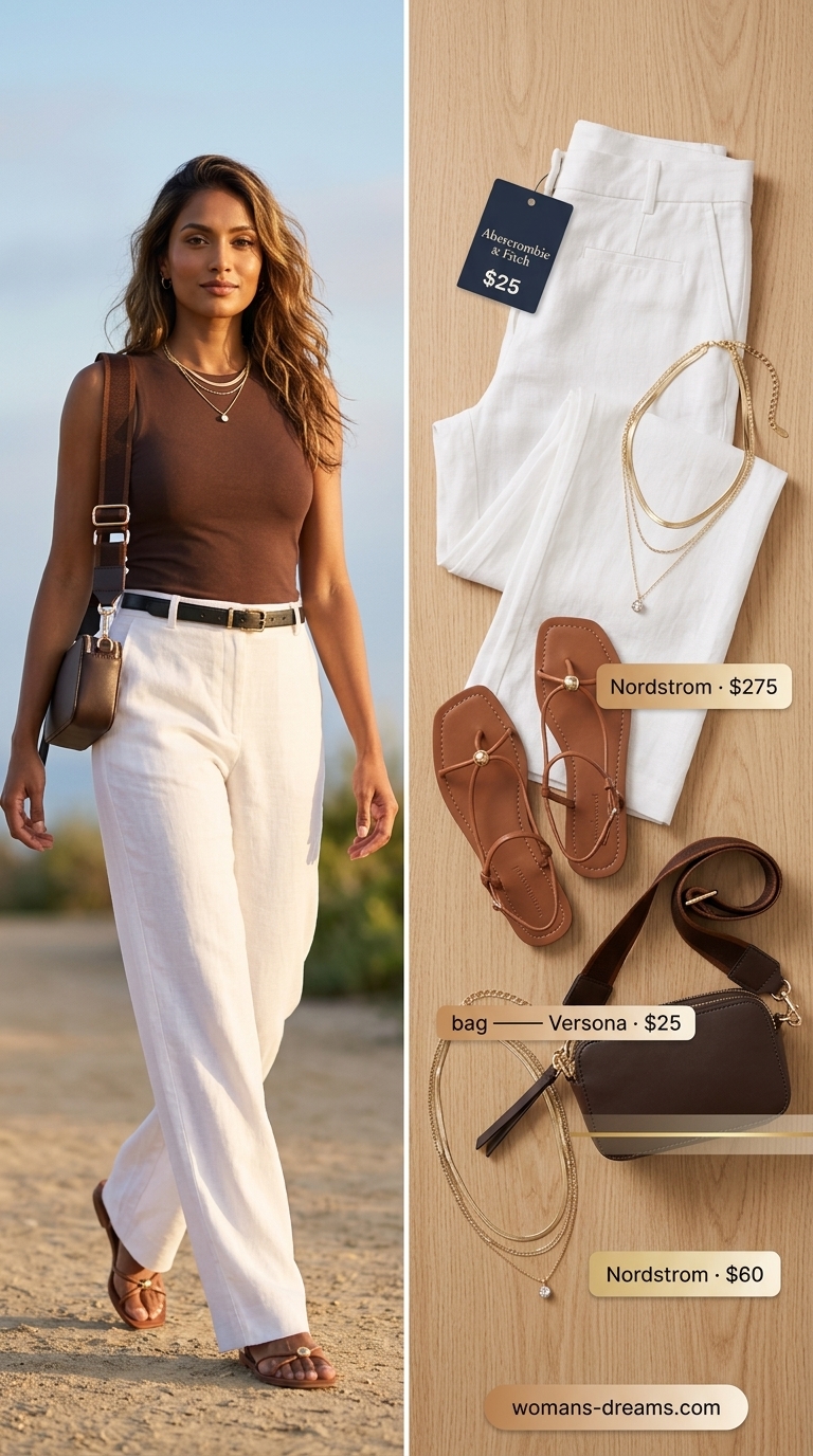 OOTD outfit inspo summer for women 2026: White & beige linen pants, ribbed knit top, gold jewelry for brunch.