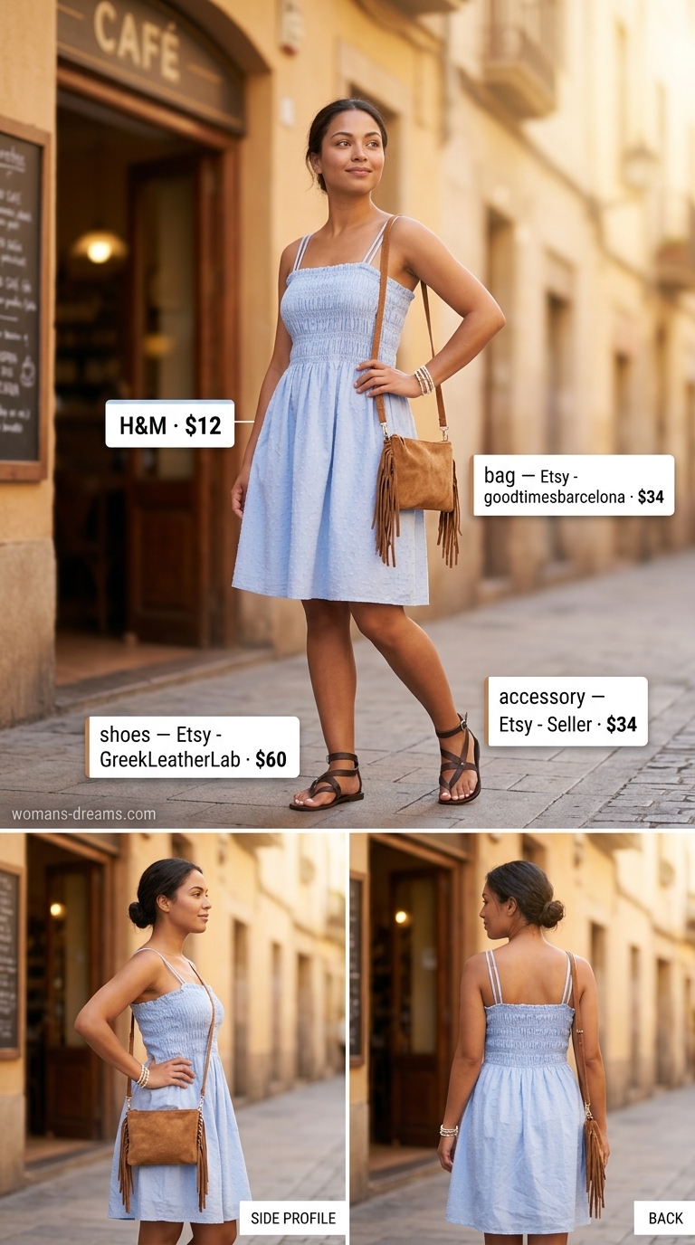 OOTD outfit inspo summer for women 2026: Sweet seaside escape with a sky blue sundress, denim shorts, and straw tote bag.