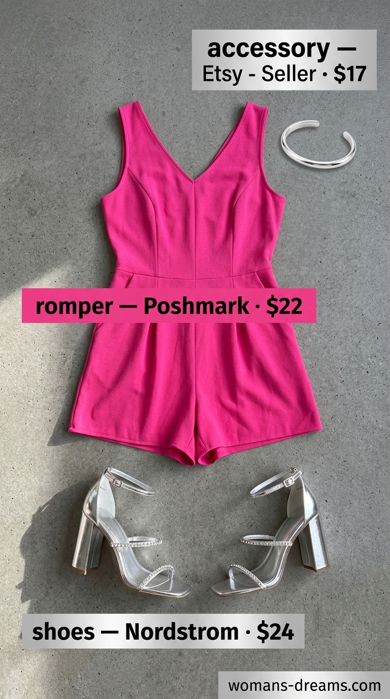 OOTD outfit inspo summer for women 2026: Hot pink romper, silver sandals for a glam night out.
