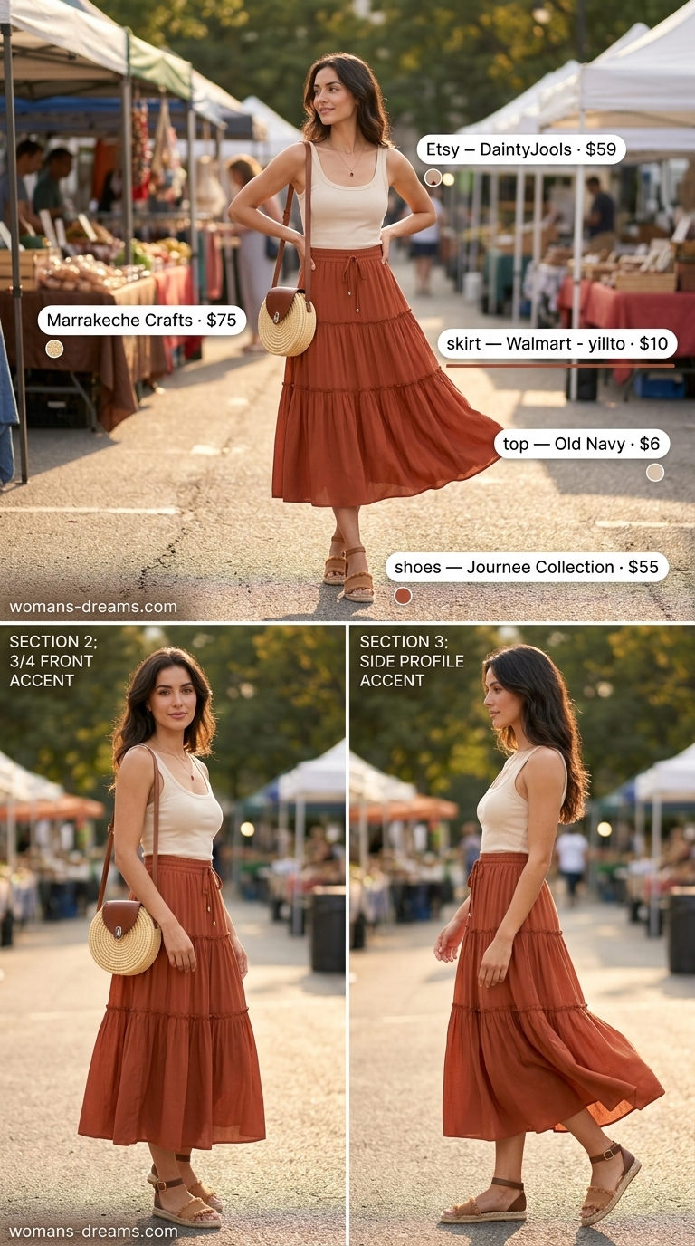 OOTD outfit inspo summer for women 2026: Terracotta skirt, cream tank, espadrilles for market stroll.