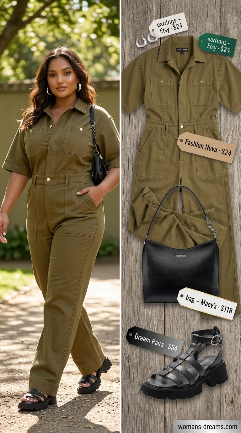 OOTD outfit inspo summer for women 2026: Khaki utility jumpsuit, black platform sandals for city exploring.