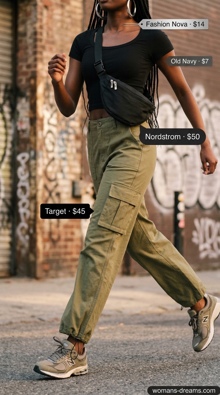 OOTD outfit inspo summer for women 2026: Edgy utility street style with olive green cargo pants, black crop top, and chunky sneakers.