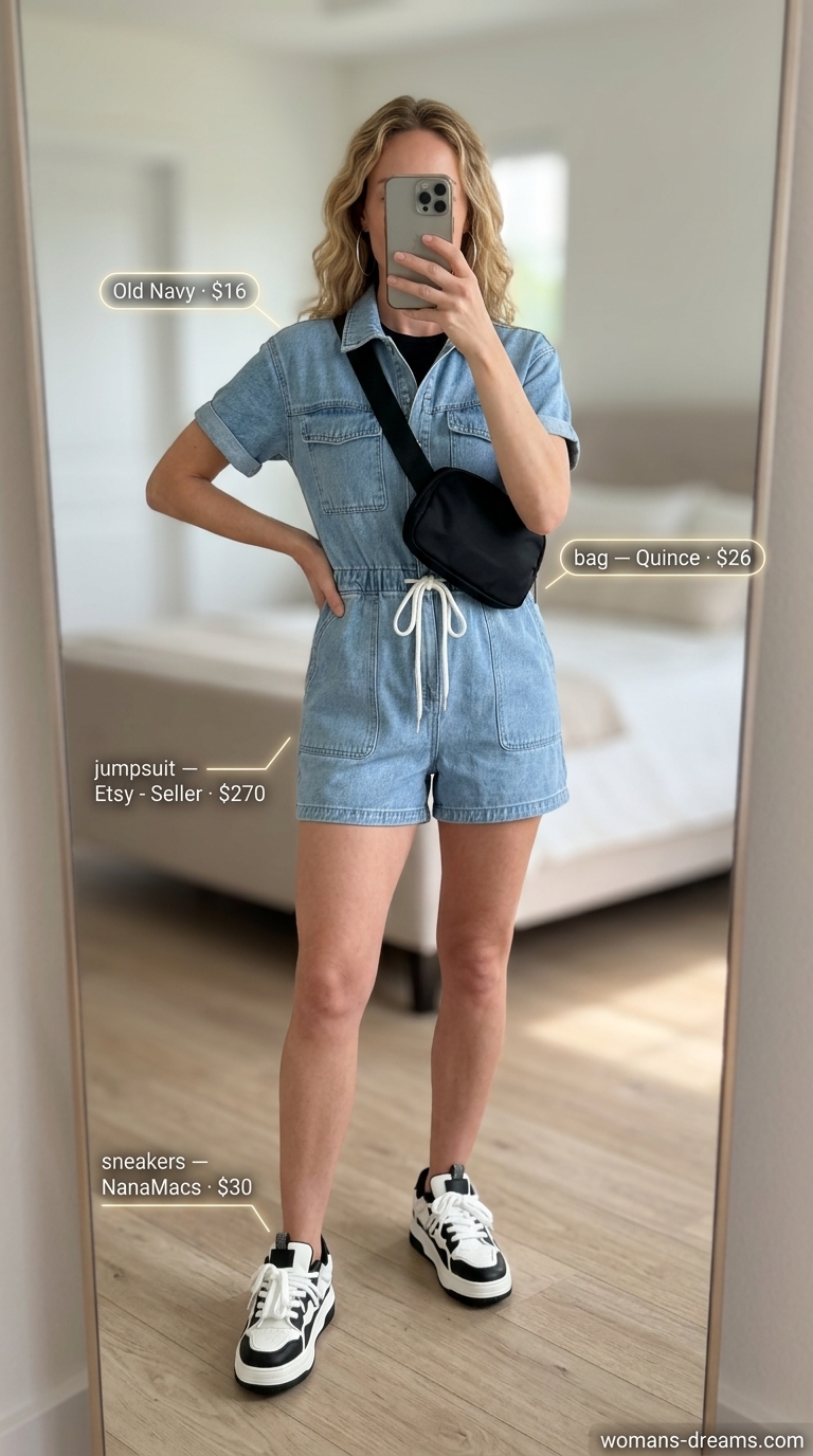 OOTD outfit inspo summer for women 2026: Edgy weekend explorer jumpsuit with light wash denim, black crop top, and chunky sneakers.