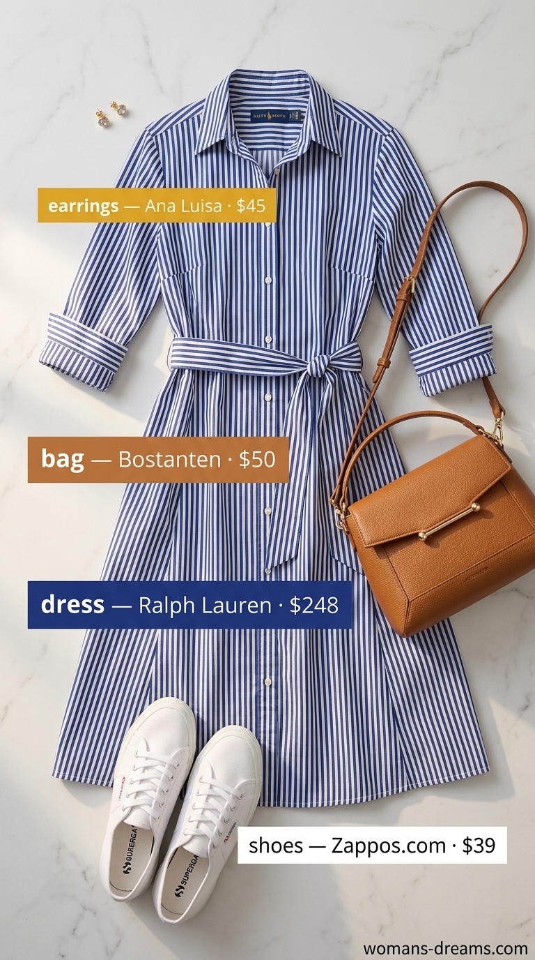 OOTD outfit inspo summer for women 2026: Blue stripe shirtdress, tan loafers for weekend chic.