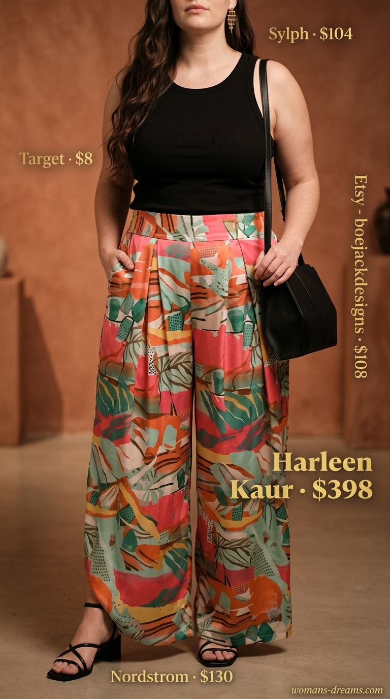 Artistic palazzo pant outfits summer for women 2026 in earthy tones with black tank and gold earrings.