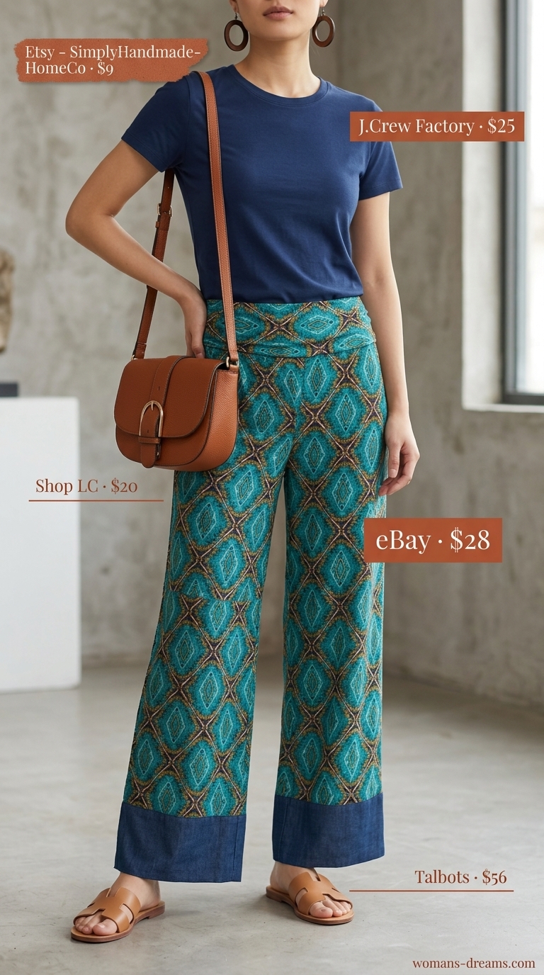 Artsy City Explorer: Abstract print palazzo pants, denim tee, brown crossbody for creative workshops and gallery visits.