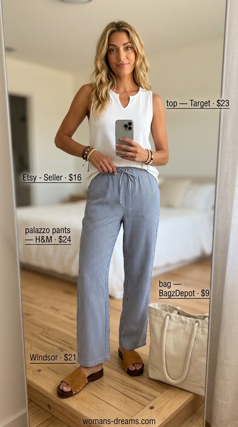 Navy stripe palazzo pant outfits summer for women 2026 with white tank and wood sandals.