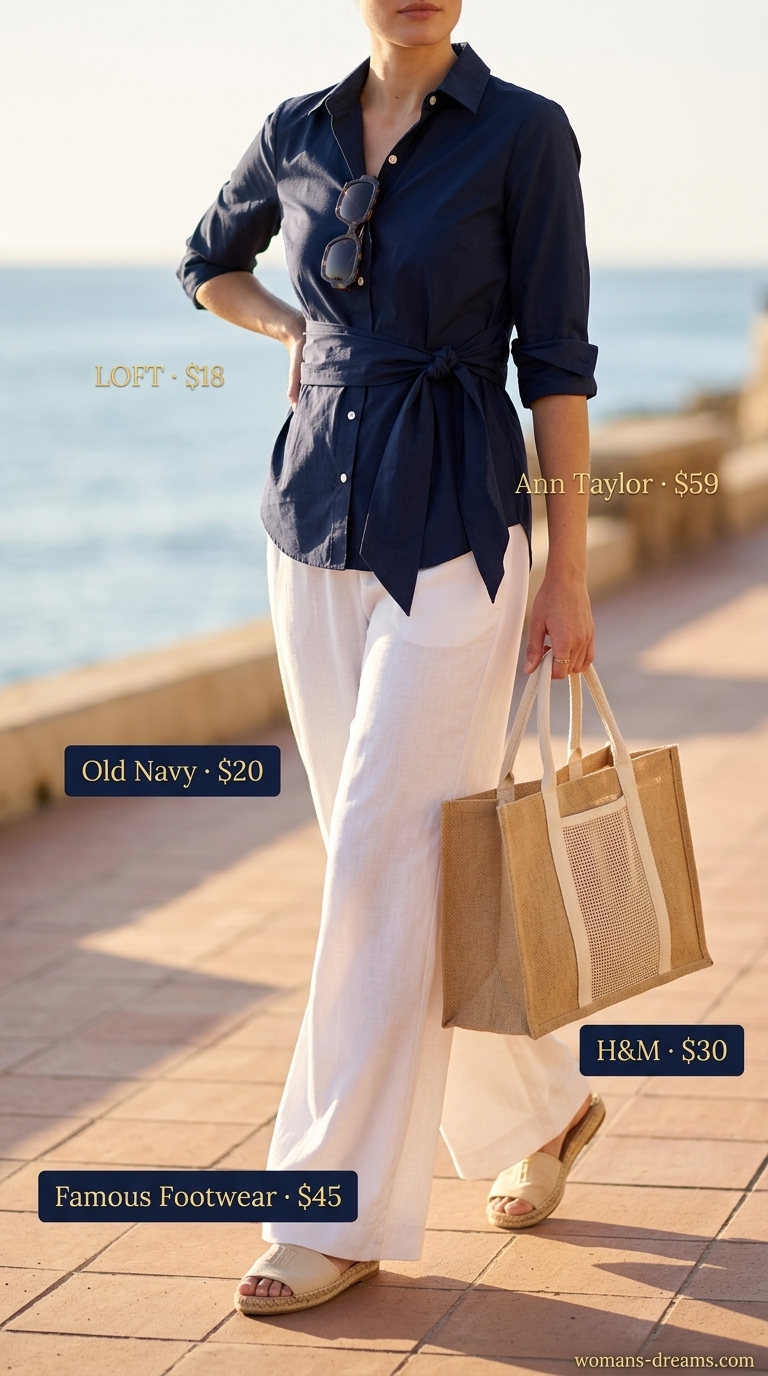 Crisp white palazzo pant outfits summer for women 2026 with sky blue shirt and woven tote.