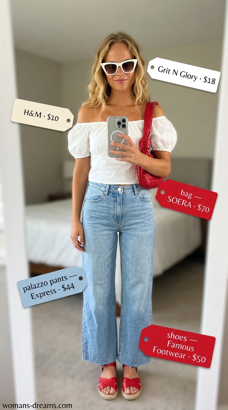 Denim Daydream: Light wash denim palazzo pants, white smocked top, red espadrilles for casual lunches and day outs.