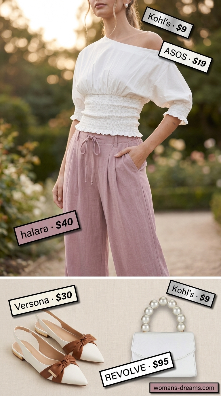 Lavender palazzo pant outfits summer for women 2026 with white crop top and pearl bag.