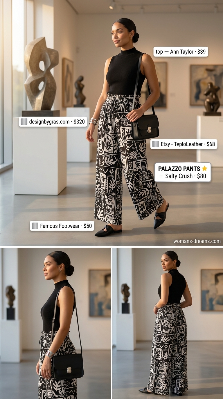 Modern Art Gallery Visit: Abstract print palazzo pants, black mock neck top, silver bracelet for cultural events and gallery openings.