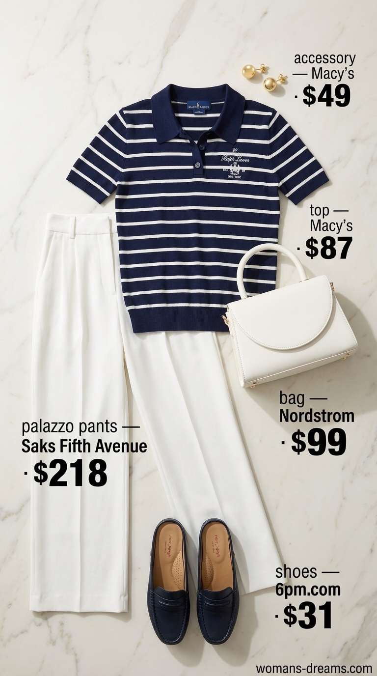 Preppy Lakeside Retreat: White palazzo pants, navy polo shirt, leather loafers for yacht club events and summer getaways.
