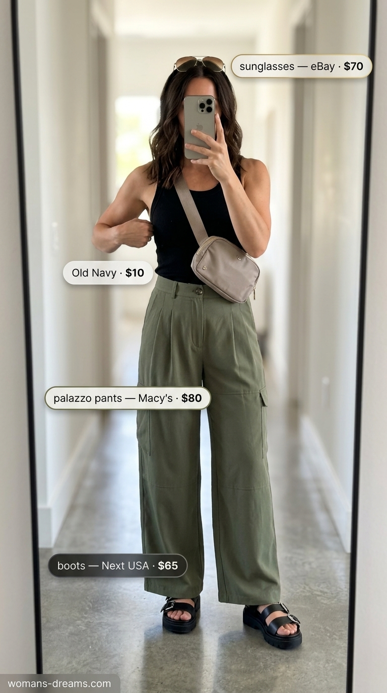Safari Chic Explorer: Olive green cargo palazzo pants, black tank top, canvas belt bag for travel and weekend adventures.