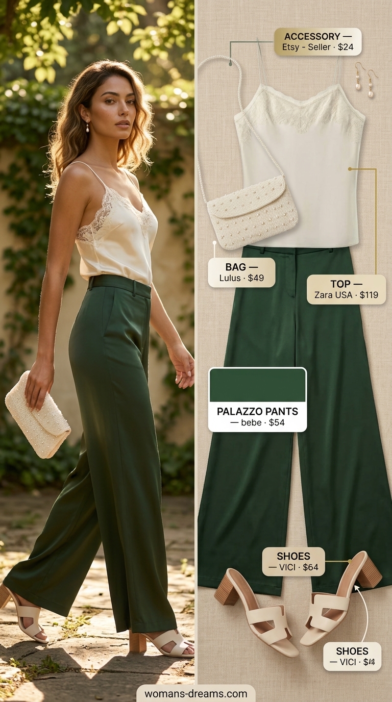 Sage Garden Gathering: Sage green satin palazzo pants, cream camisole, pearl earrings for garden parties and elegant brunch.