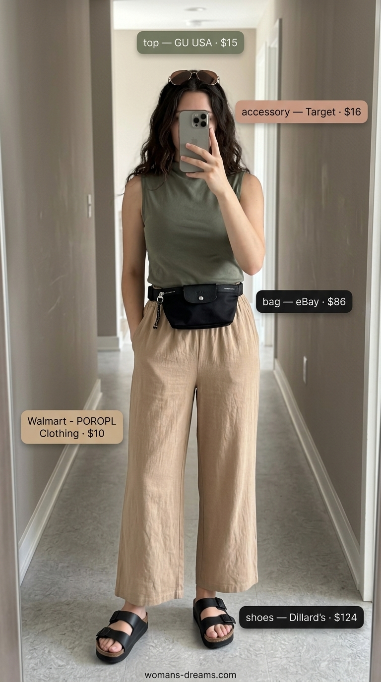 Savannah Safari Chic: Khaki palazzo pants, olive green top, black belt bag for urban exploration and travel outfits.