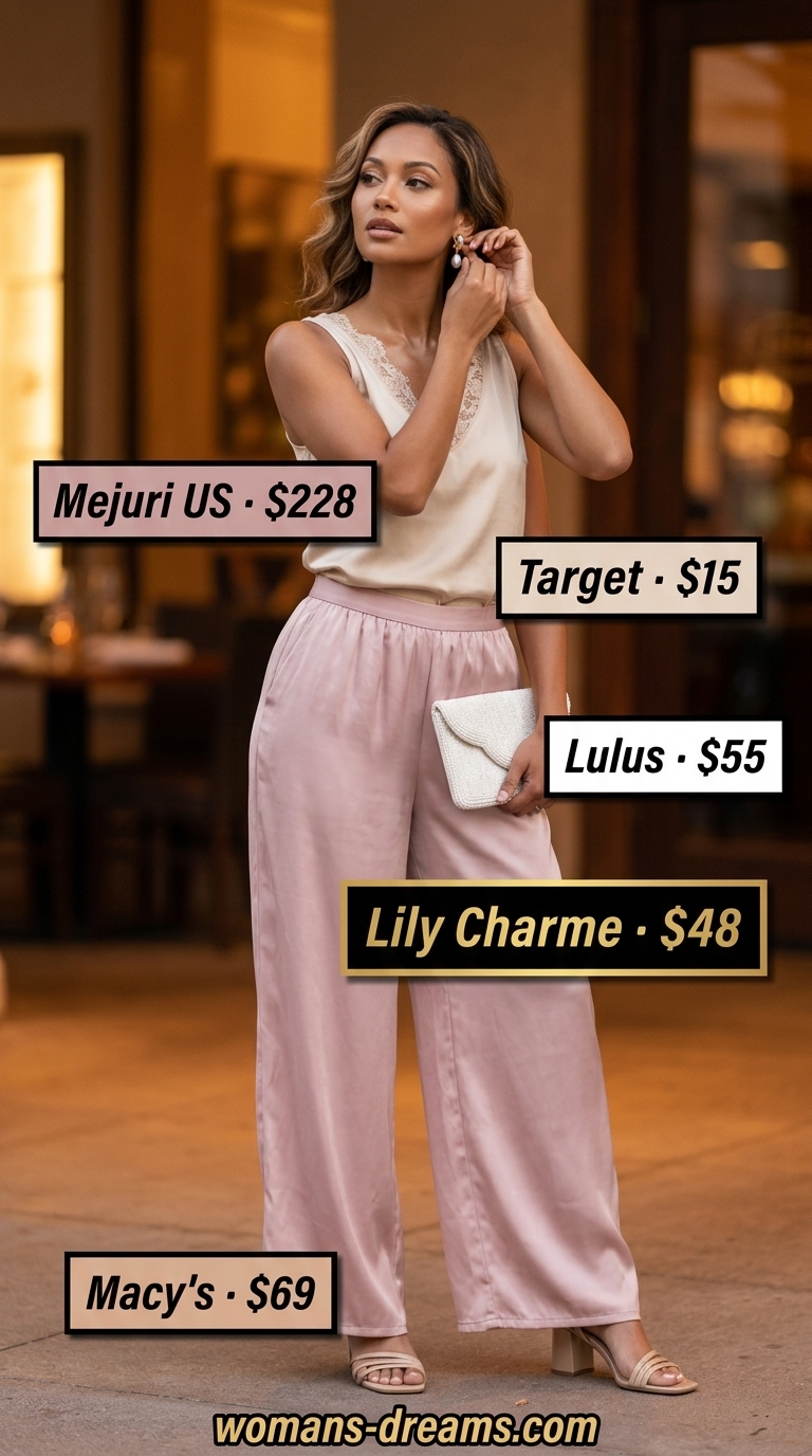 Dusty rose satin palazzo pant outfits summer for women 2026 with champagne cami and pearl clutch.