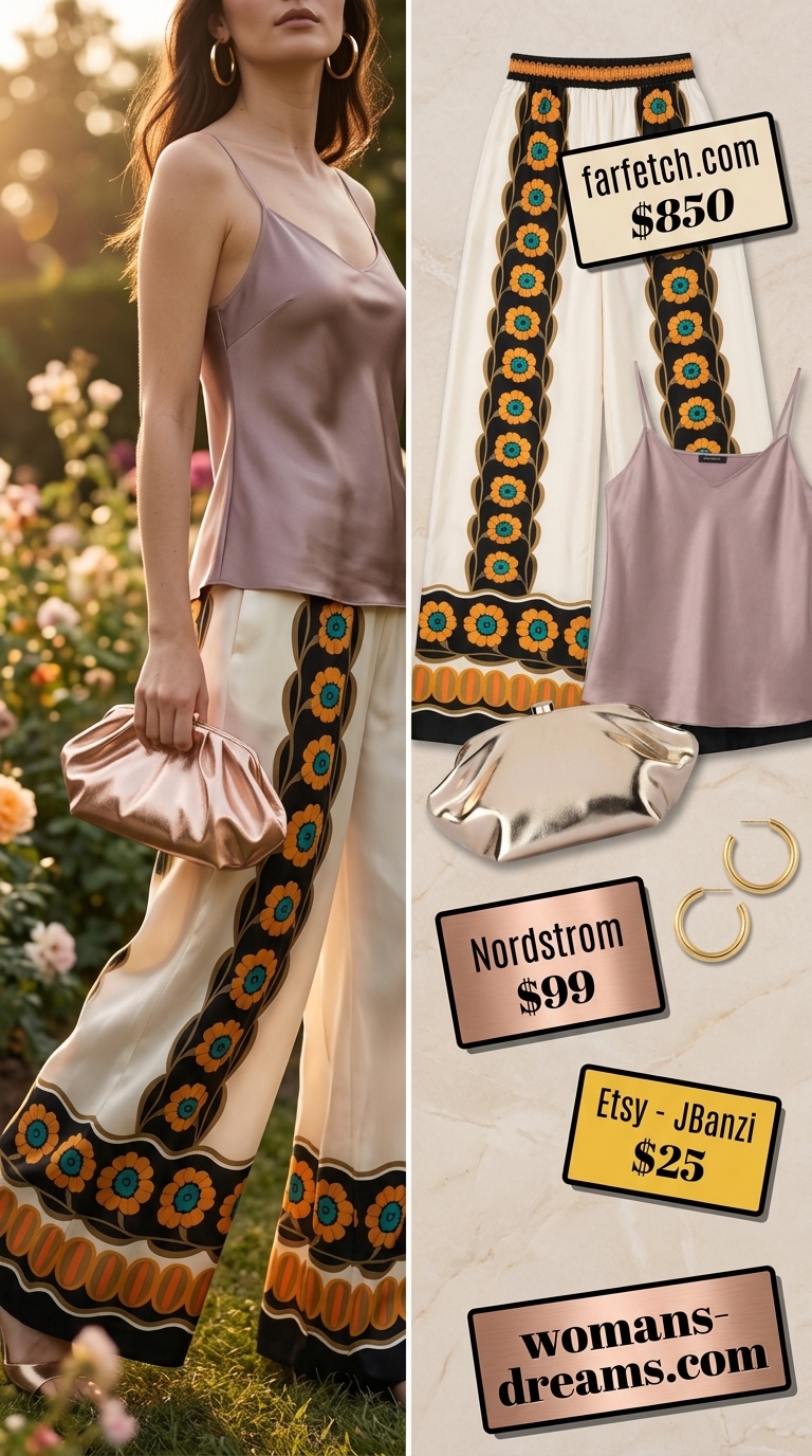 Sunset print palazzo pant outfits summer for women 2026 with peach cami and gold accessories.