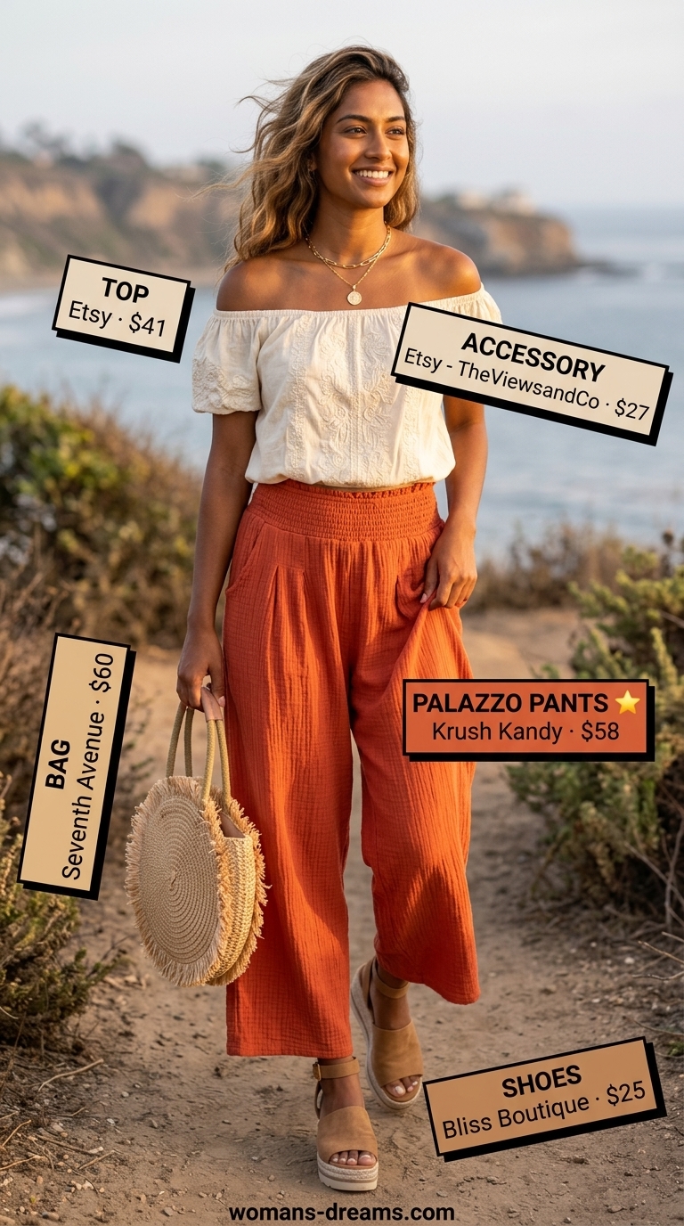 Terracotta Sunset Soiree: Terracotta gauze palazzo pants, ivory peasant blouse, straw bag for summer festivals and vacation dinners.