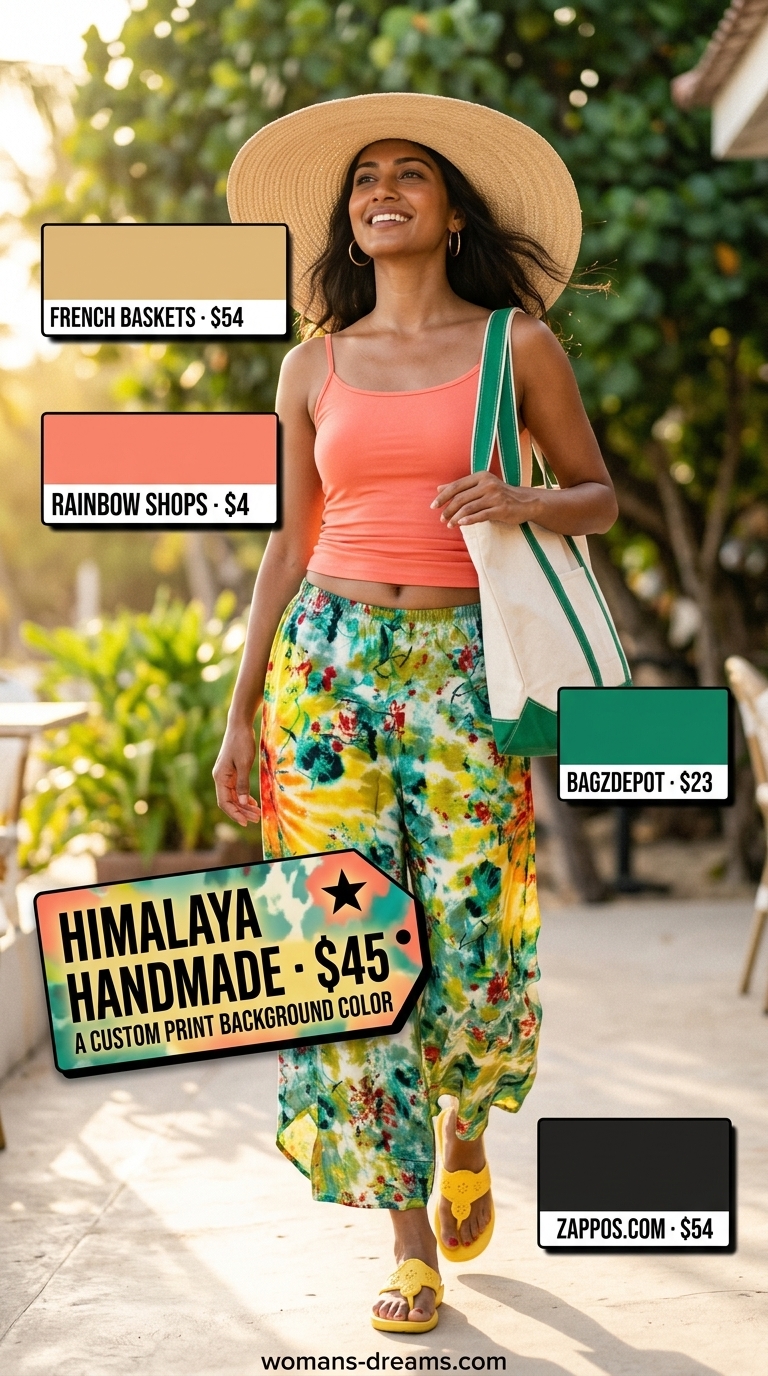 Vibrant green and yellow palazzo pant outfits summer for women 2026 with coral tank and straw hat.