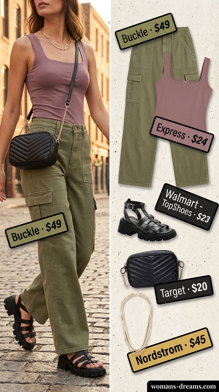 Urban Safari Chic: Olive green cargo palazzo pants, black ribbed tank, gold necklaces for city exploration and casual days.