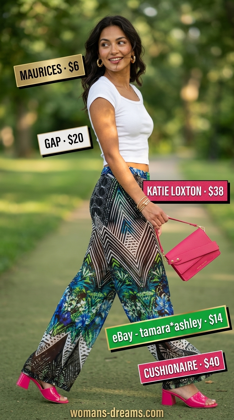 Vibrant City Stroll: Tropical print palazzo pants, white crop top, fuchsia sandals for vacation and summer festival looks.