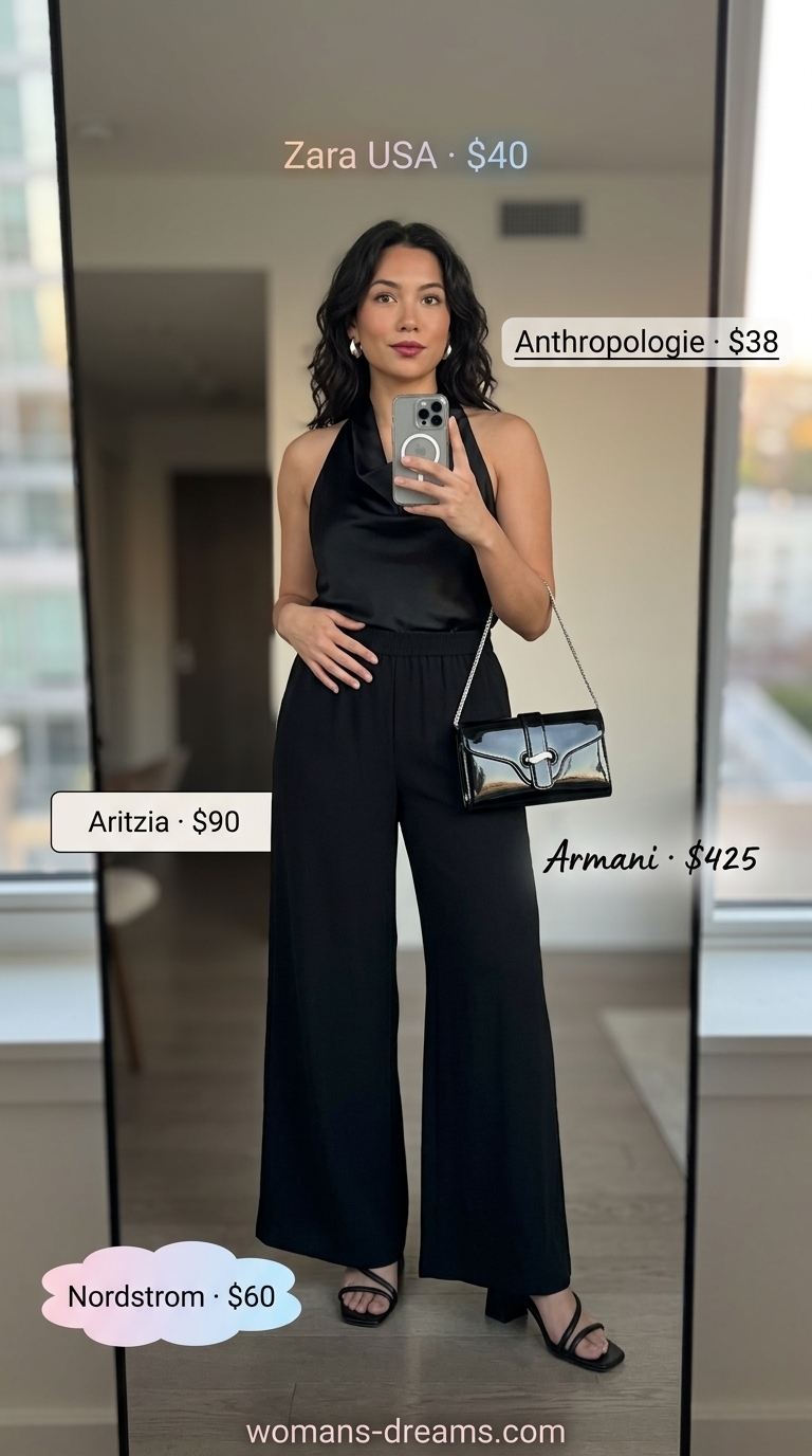 Palazzo pant outfits summer for women 2026: Black satin halter top, tailored palazzo pants, silver accessories for evening.