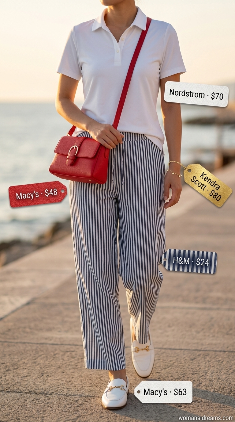Palazzo pant outfits summer for women 2026: Navy stripe linen pants, white polo, red bag for Riviera chic.