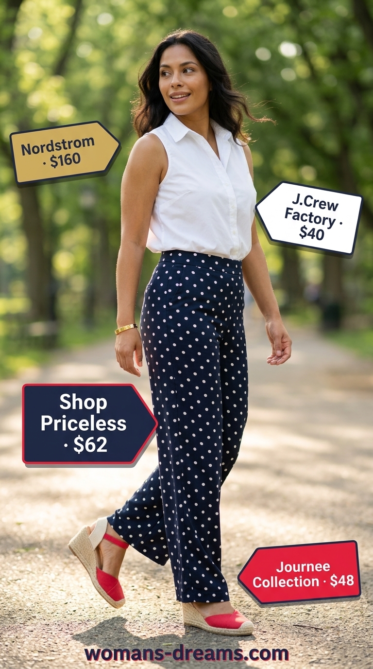 Palazzo pant outfits summer for women 2026: Navy polka dot pants, white shirt, red espadrilles for playful chic.