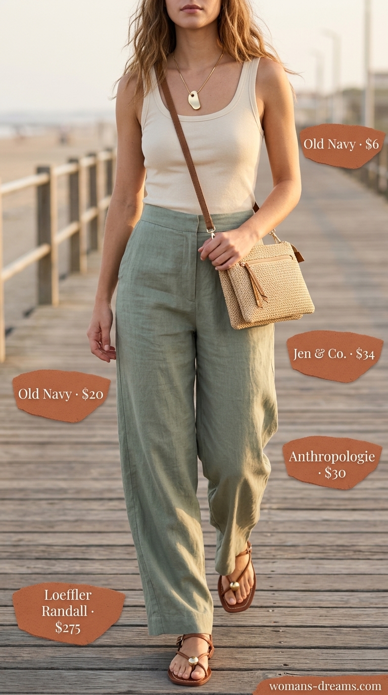 Palazzo pant outfits summer for women 2026: Sage green linen pants, cream tank, straw bag for relaxed chic.
