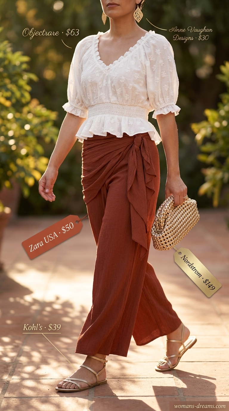 Palazzo pant outfits summer for women 2026: Terracotta pants, ivory smocked blouse, gold accessories for evening.