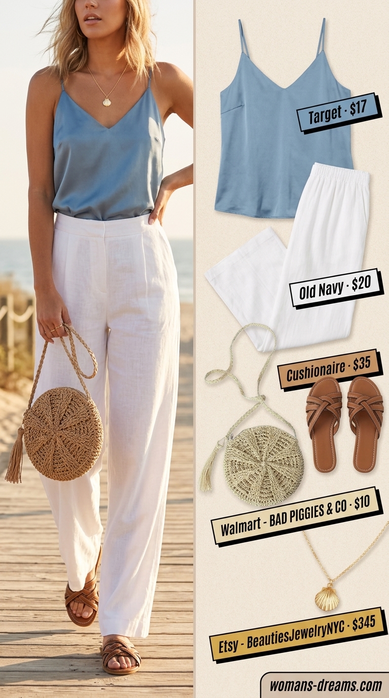 Palazzo pant outfits summer for women 2026: White linen pants, sky blue cami, tan slides for coastal vibes.