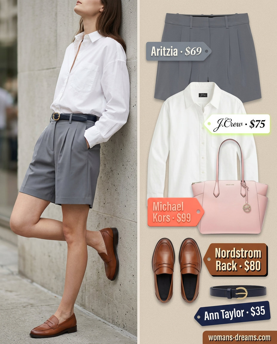 Sophisticated casual Friday summer outfits for women 2026: navy Bermuda shorts, white shirt, loafers & tote.