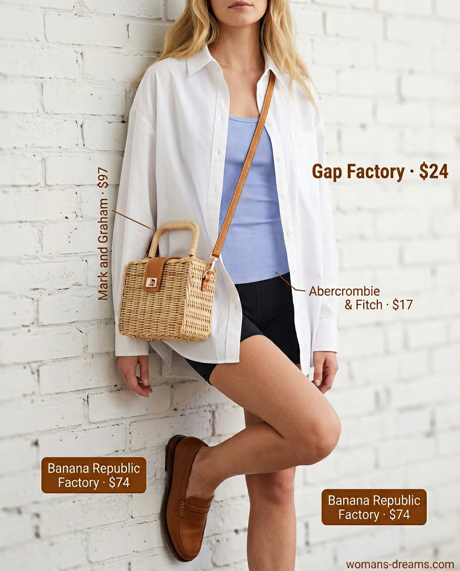 Classic casual Friday summer outfits for women 2026: oversized white shirt, chino shorts, loafers & straw bag.