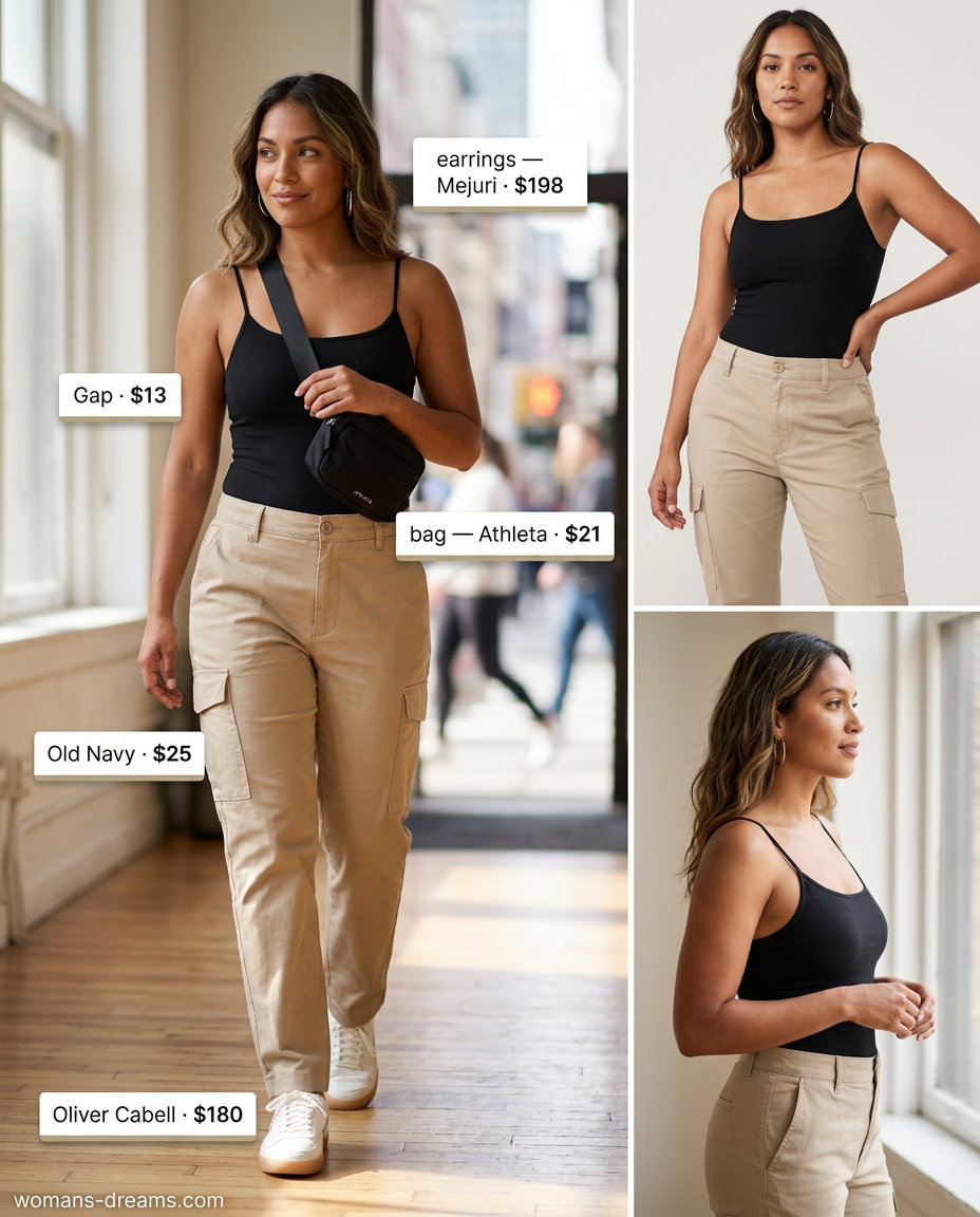 Polished casual Friday summer outfits for women 2026: Khaki cargo pants, black bodysuit, white sneakers, silver hoops.