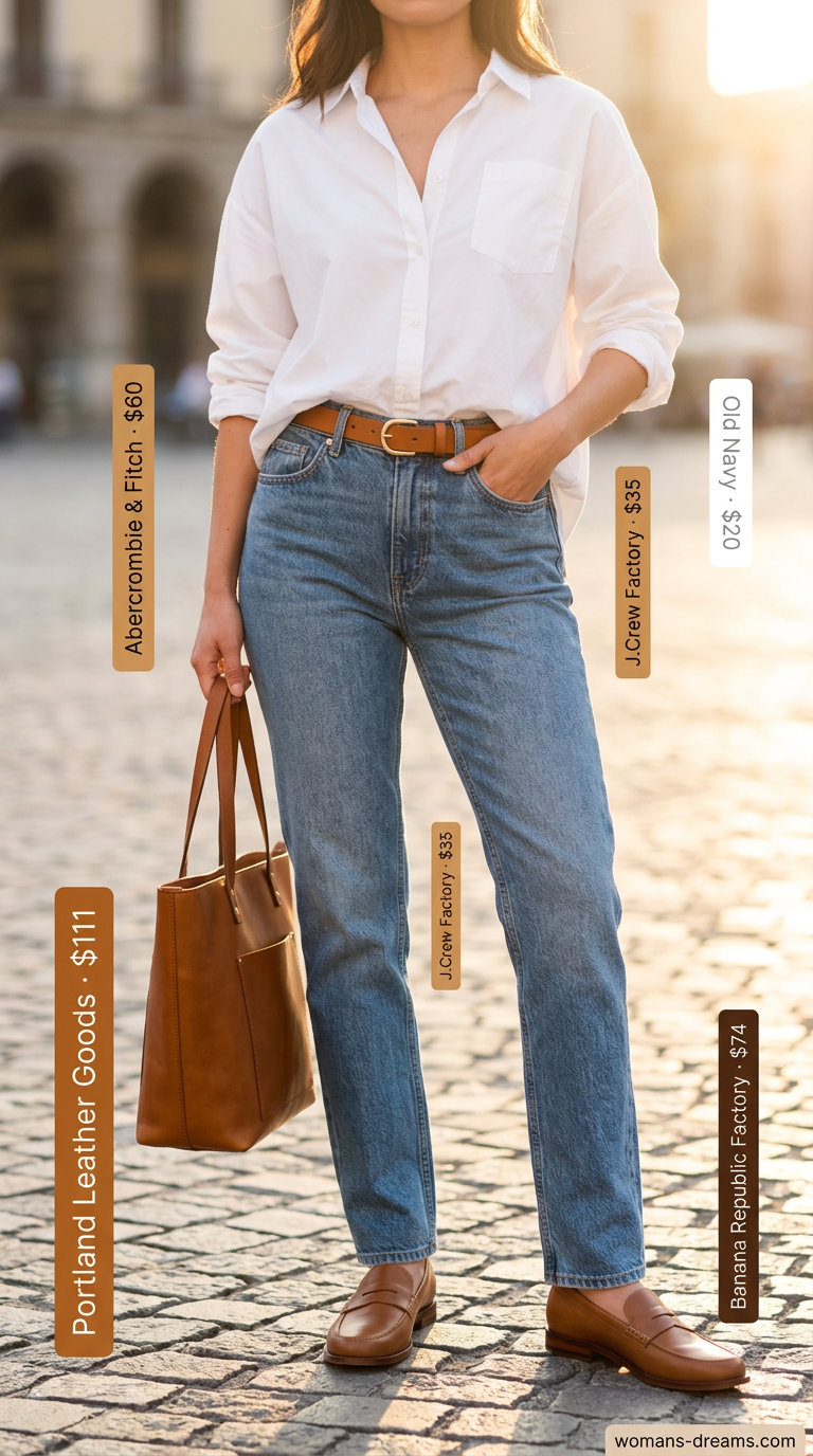 Polished casual Friday summer outfits for women 2026: Denim jeans, oversized shirt, loafers, leather belt.