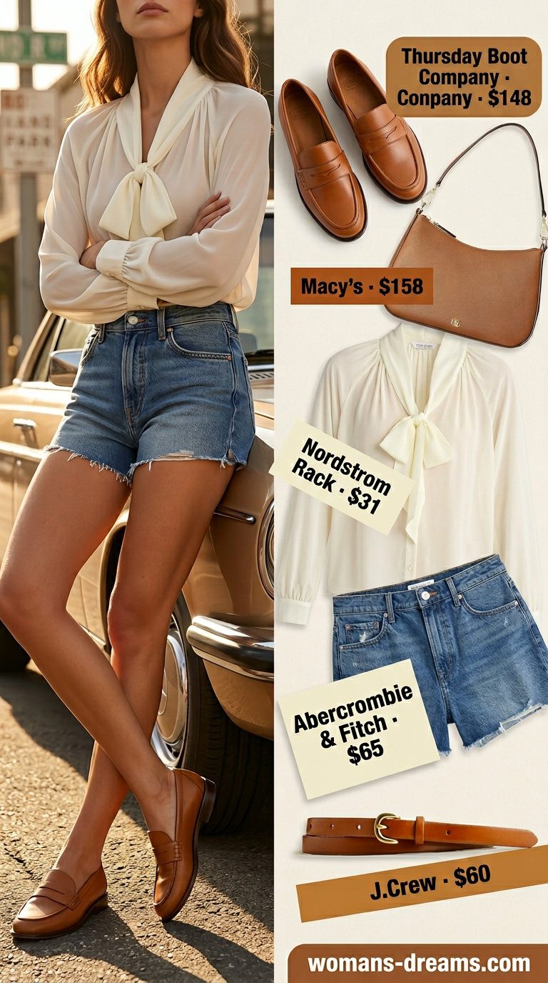 Polished casual Friday summer outfits for women 2026: denim shorts, ivory blouse, loafers & tan bag.