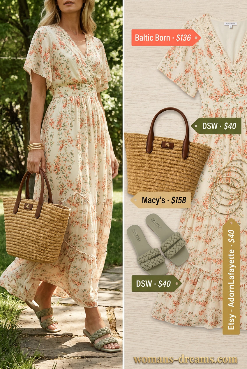 Feminine casual Friday summer outfits for women 2026: coral floral maxi dress, leather slides & straw tote.