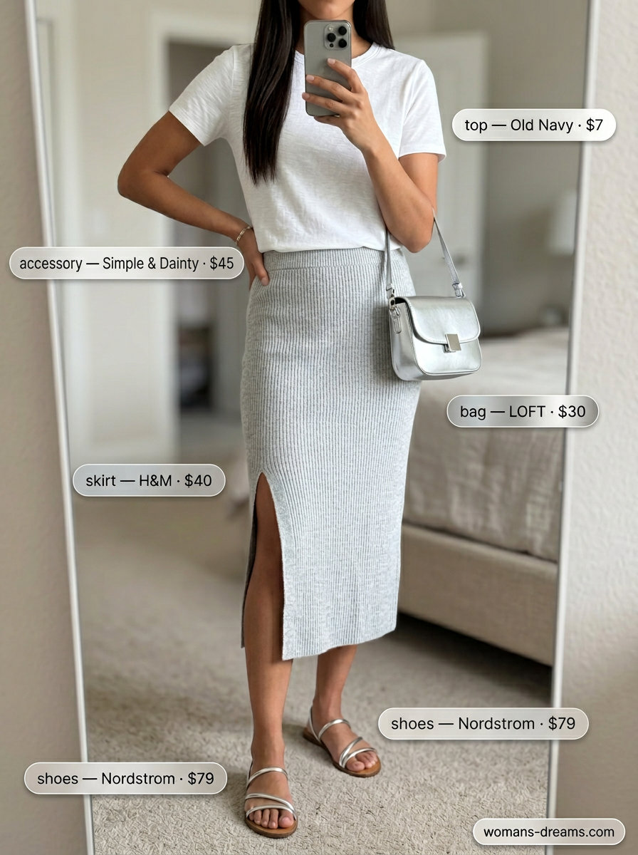 Polished casual Friday summer outfits for women 2026: Grey knit midi skirt, white tee, silver sandals, silver bag.