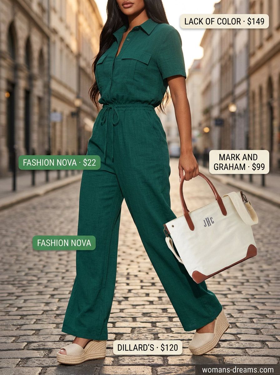 Chic casual Friday summer outfits for women 2026: olive linen jumpsuit, espadrilles, straw hat & tote bag.