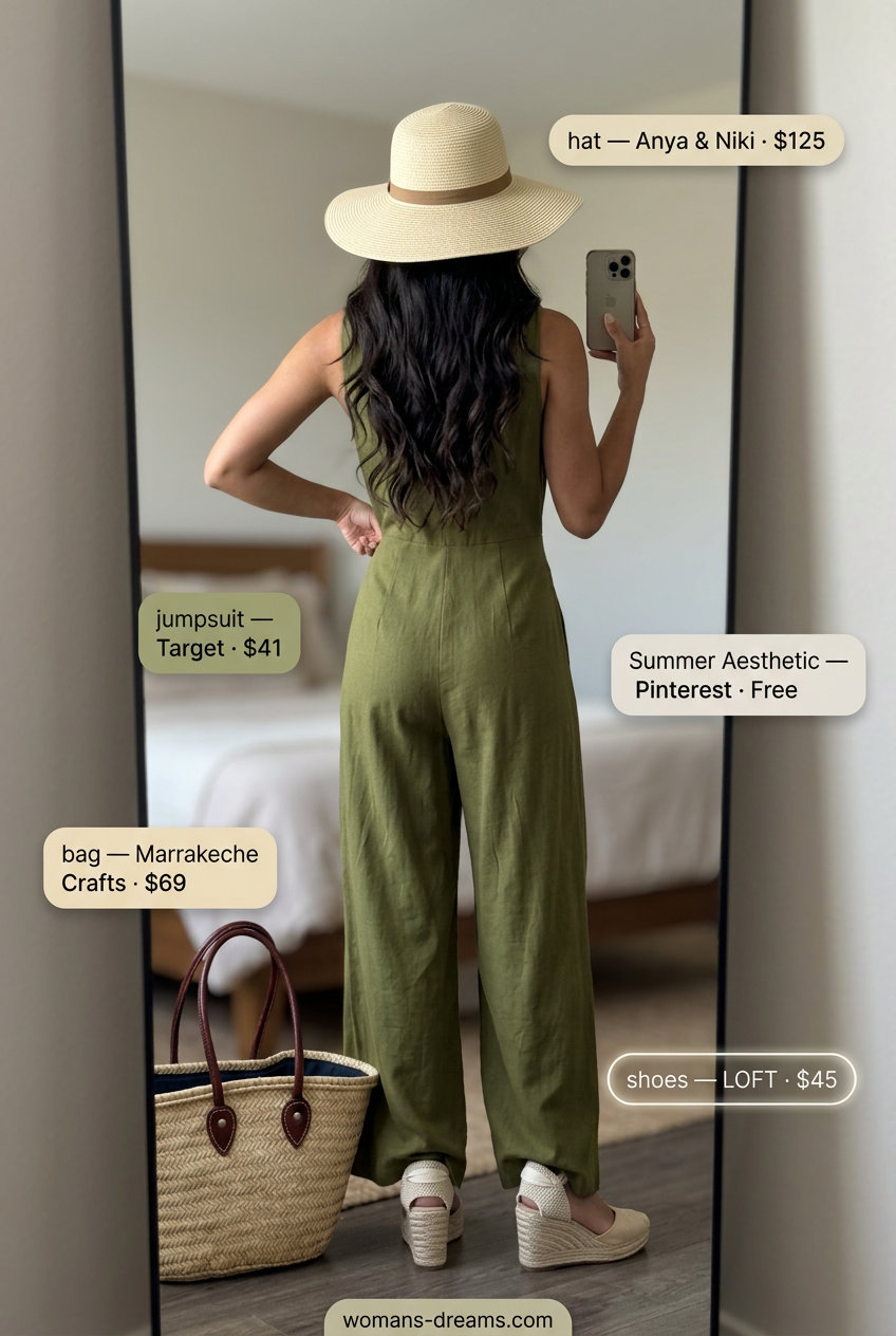 Polished casual Friday summer outfits for women 2026: Olive linen jumpsuit, espadrilles, straw tote, straw hat.