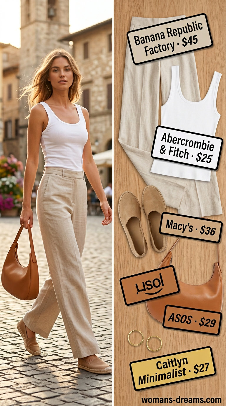 Polished casual Friday summer outfits for women 2026: Linen pants, ribbed tank, espadrilles, gold hoops.