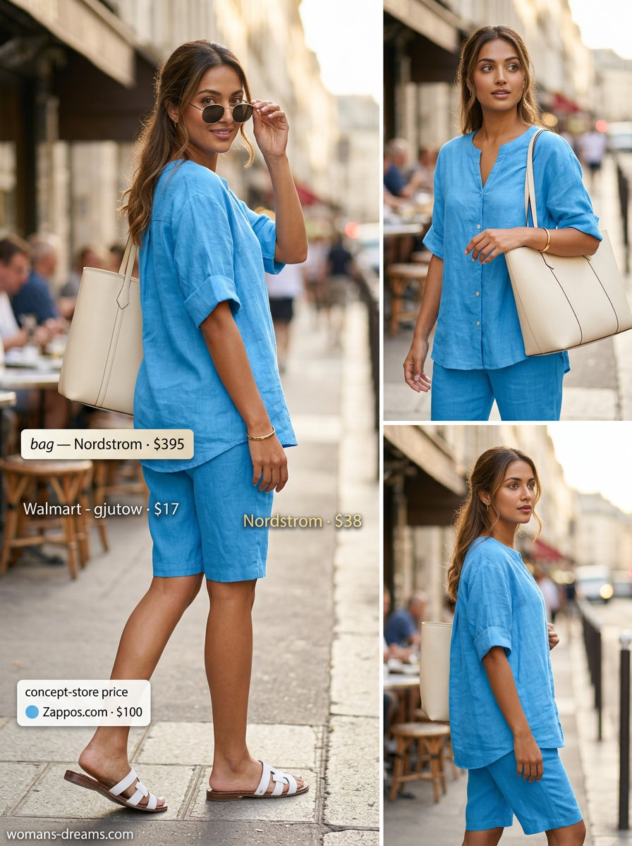 Cool casual Friday summer outfits for women 2026: sky blue linen set, white sandals & tote bag.