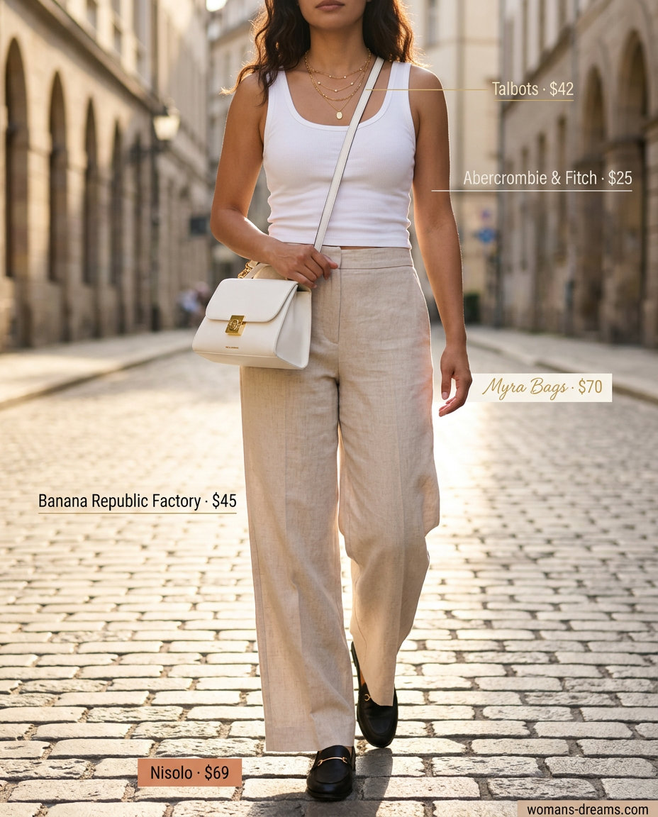 Polished casual Friday summer outfits for women 2026: Linen trousers, ribbed tank, loafers, gold necklaces.