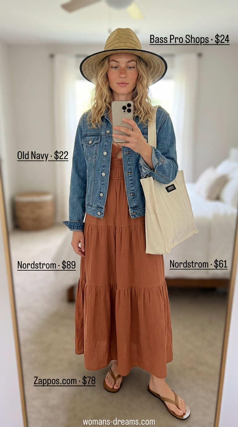 Casual Friday summer outfit for women 2026: terracotta maxi dress, denim jacket, straw hat & leather sandals.