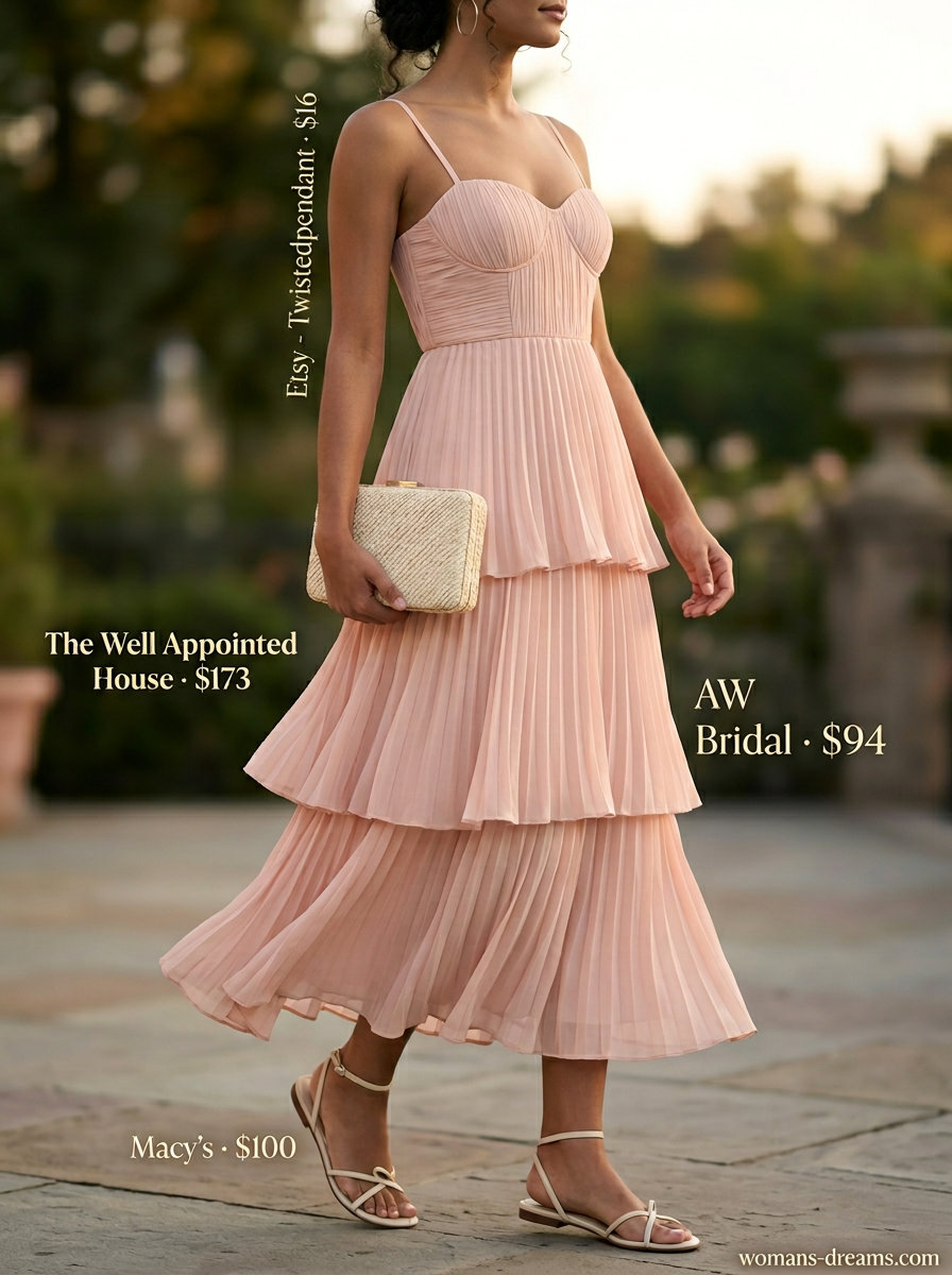 Polished casual Friday summer outfits for women 2026: Blush pink midi dress, flat sandals, straw clutch, silver earrings.
