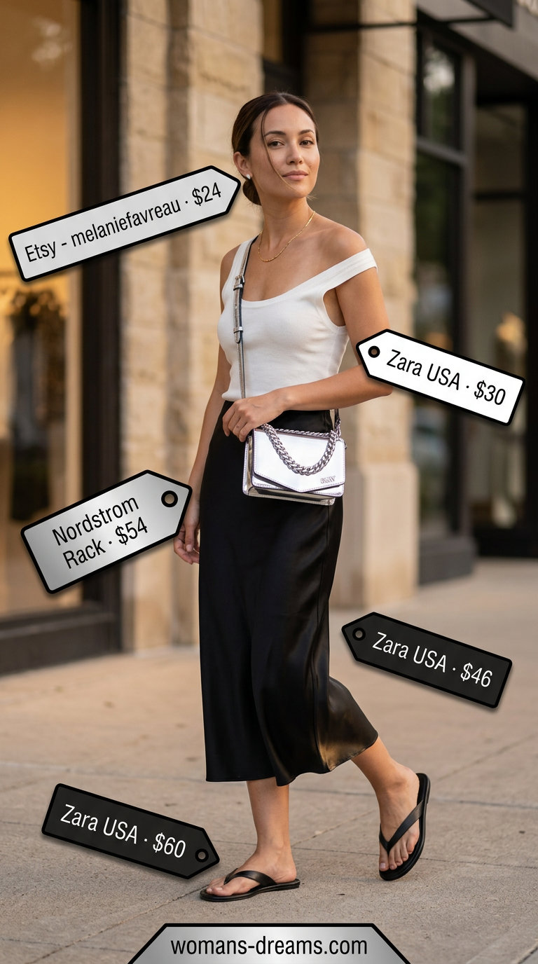 Polished casual Friday summer outfit for women 2026: black satin midi skirt, white knit top, silver sandals & bag.